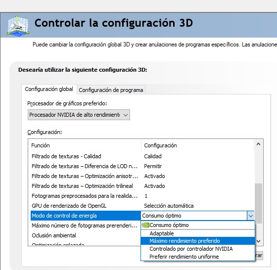 Modo de control de energía nvidia pubg
